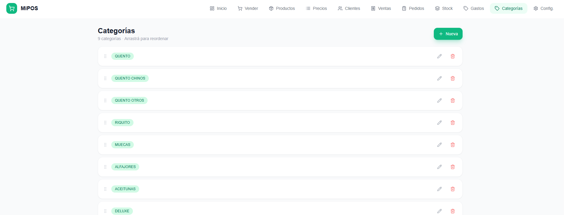 Módulo de categorías MiPOS - organización del carrito por categorías de productos