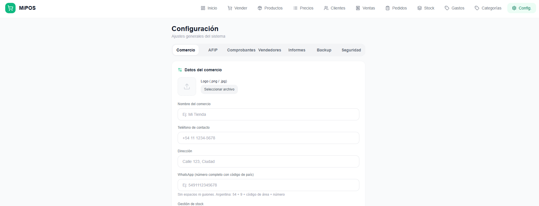 Módulo de configuración MiPOS - ajustes del administrador, roles de vendedores e informes