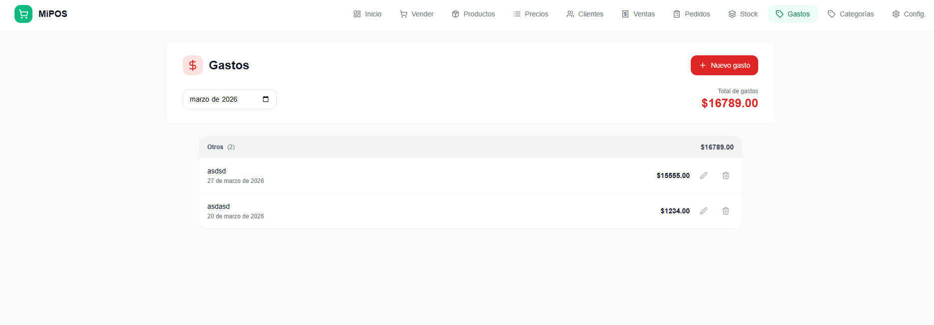 Módulo de gastos MiPOS - registro de gastos mensuales y cálculo de ganancia neta