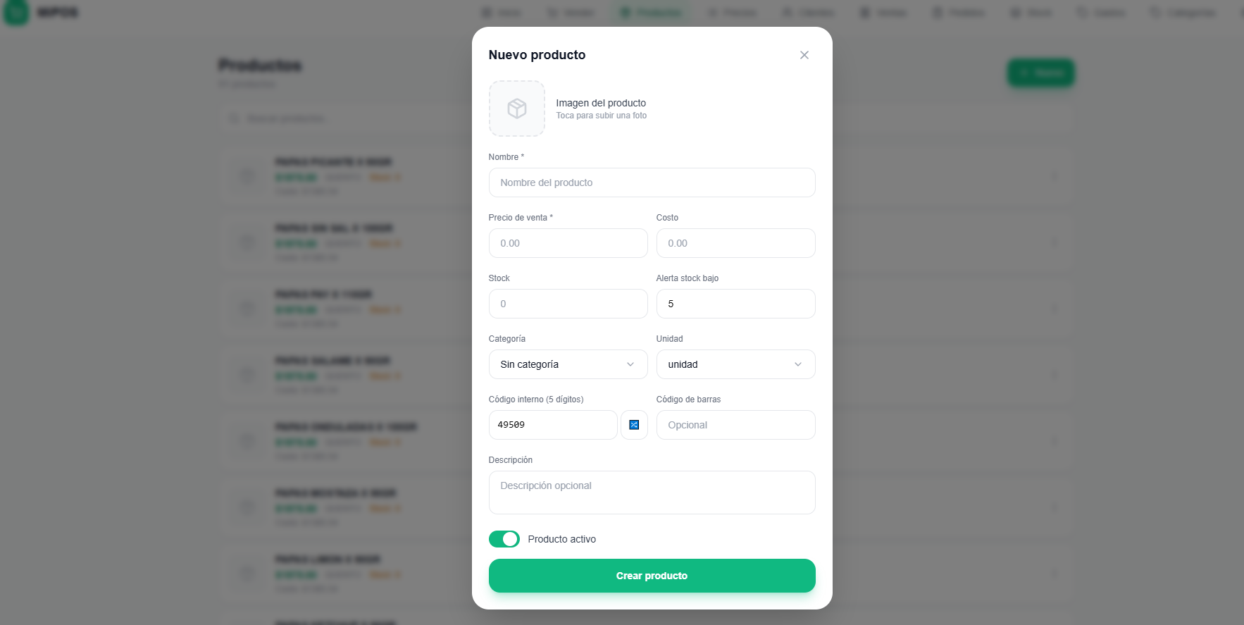 Módulo de productos MiPOS - carga de costo, precio, stock y código de barras
