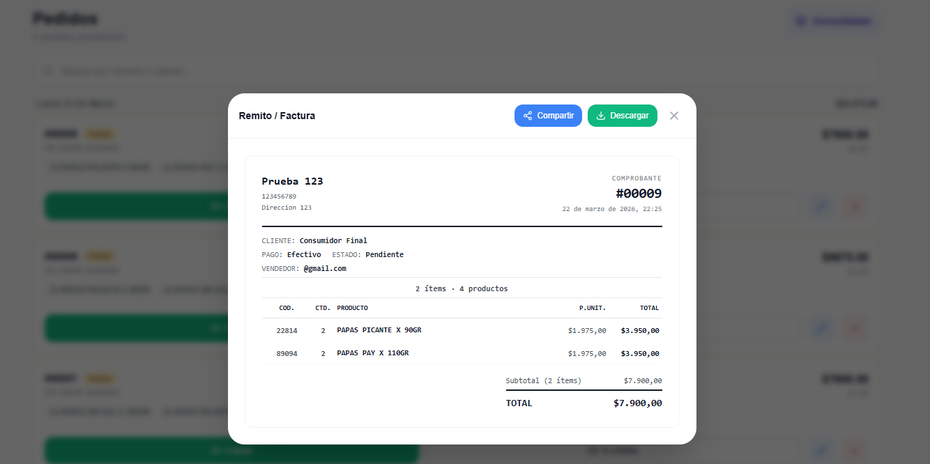 Módulo de pedidos MiPOS - organización logística, compartir PDF y descargar remito